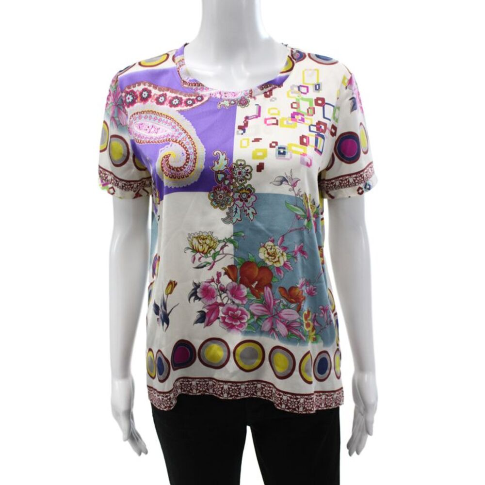 Etro Milano Women Basic Short Sleeve Silk Floral Round Neck T-Shirt Size 46